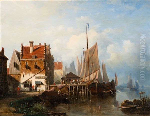 Activity At The Moored Boats In The City Harbour Oil Painting by Johannes Frederik Hulk, Snr.