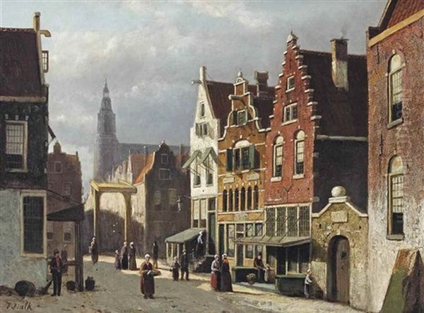 A Sunlit Street In A Dutch Town Oil Painting by Johannes Frederik Hulk, Snr.