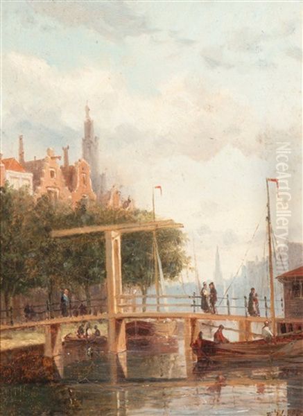 View Of Het Spaarne In Haarlem (+ View Of The Amsterdam Inner Harbor; 2 Works) Oil Painting by Johannes Frederik Hulk, Snr.