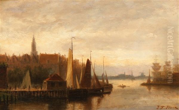 A View Of The City At Dusk, Amsterdam Oil Painting by Johannes Frederik Hulk, Snr.