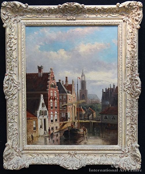 A Barge In A Dutch Canal Town; Figures With A Horse & Cart In A Village Street (pair) Oil Painting by Johannes Frederik Hulk, Snr.