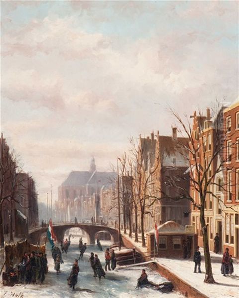 Skating Fun On The Canal Oil Painting by Johannes Frederik Hulk, Snr.