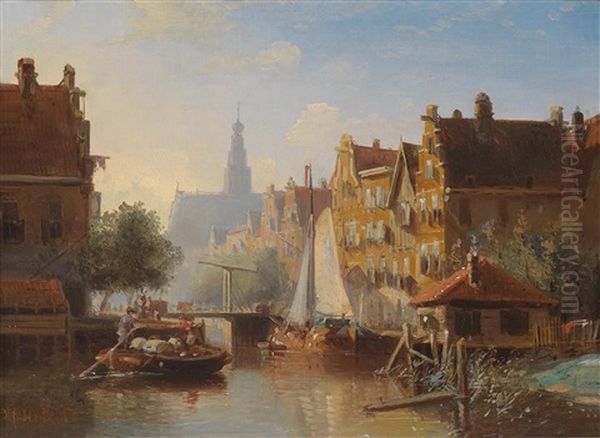 Blick In Eine Gracht In Harlem Oil Painting by Johannes Frederik Hulk, Snr.