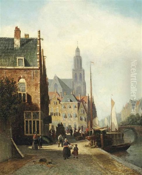 Daily Activities On A Quay In A Dutch Town Oil Painting by Johannes Frederik Hulk, Snr.