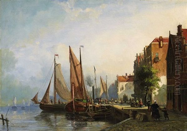 A Dutch Harbour (dordrecht?) Oil Painting by Johannes Frederik Hulk, Snr.