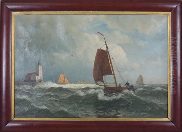 Fishermen Passing A Lighthouse At The Mouth Of A River Oil Painting by Johannes Frederik Hulk, Snr.