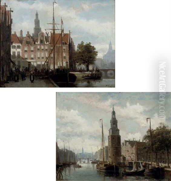 The Montelsbaantoren, Amsterdam (+ A View Of The Spaarne, Haarlem; Pair) Oil Painting by Johannes Frederik Hulk, Snr.