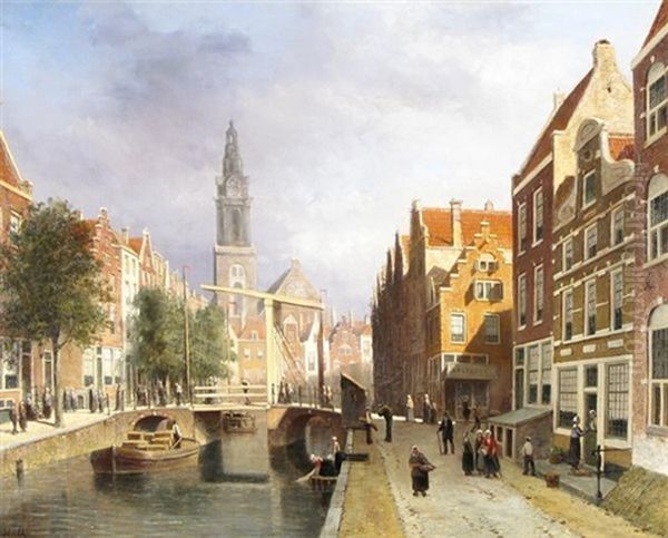Canal Scene, Amsterdam Oil Painting by Johannes Frederik Hulk, Snr.