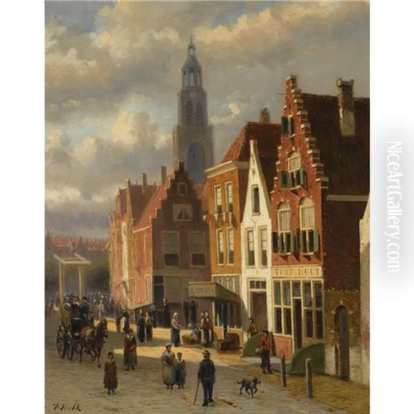 Many Figures In The Streets Of A Dutch Town Oil Painting by Johannes Frederik Hulk, Snr.