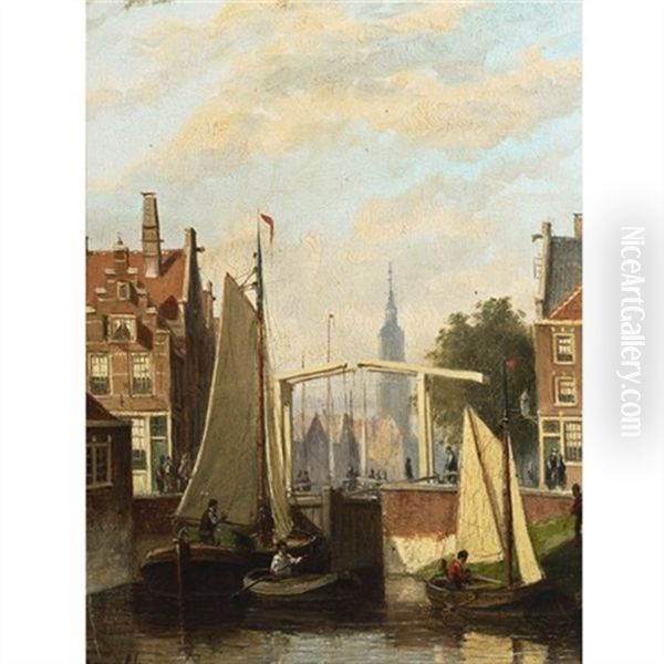 Boats On A Canal In A Dutch Town Oil Painting by Johannes Frederik Hulk, Snr.