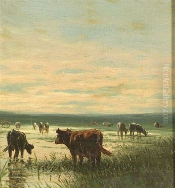 Cattle Watering At The Marshes Oil Painting by Johannes Frederik Hulk, Snr.