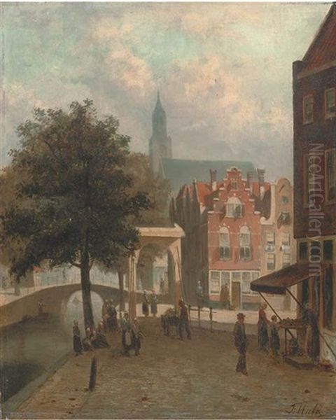 A Flower Stall On A Dutch Canal Oil Painting by Johannes Frederik Hulk, Snr.
