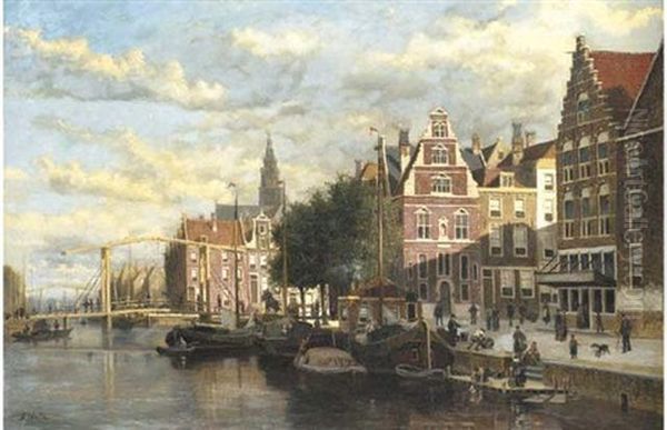 A Canal In Amsterdam Oil Painting by Johannes Frederik Hulk, Snr.
