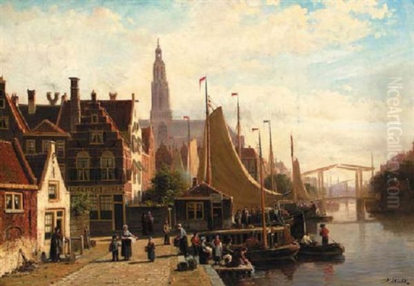 A View Of A Town In Summer With Townsfolk On A Quay By The Sneek-lemmer Ferry Post Oil Painting by Johannes Frederik Hulk, Snr.