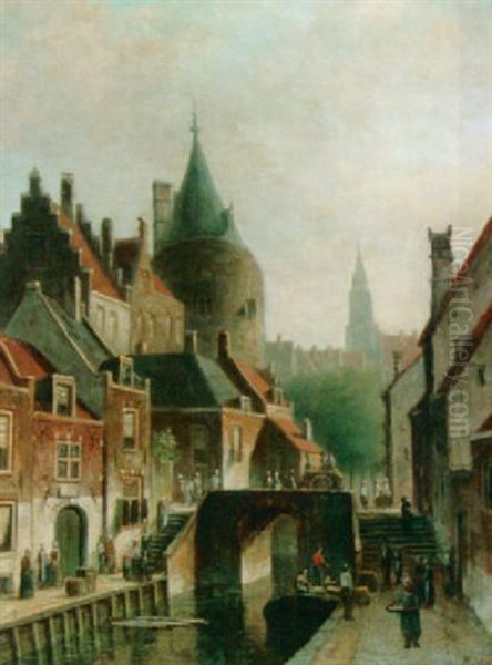 A Canal In A Dutch Town Oil Painting by Johannes Frederik Hulk, Snr.