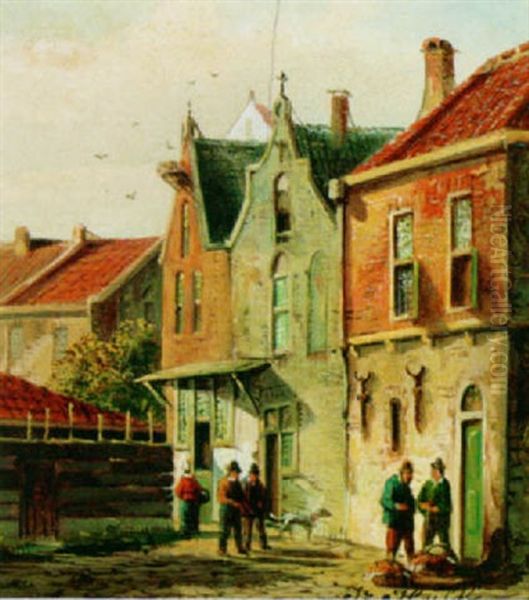 A Street Scene With Villagers Oil Painting by Johannes Frederik Hulk, Snr.