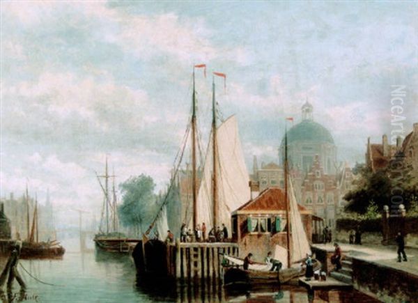 Figures On A Quay Of An Amsterdam Canal Oil Painting by Johannes Frederik Hulk, Snr.