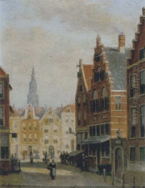 Hollands Straatgezicht Met Figuren Oil Painting by Johannes Frederik Hulk, Snr.