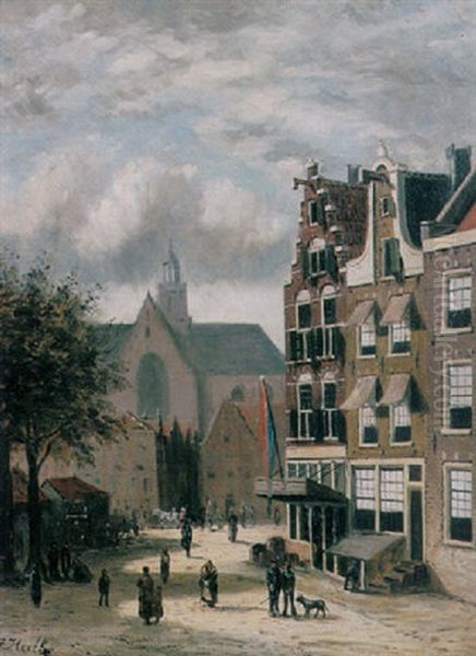 Figures In The Streets Of A Dutch Town Oil Painting by Johannes Frederik Hulk, Snr.