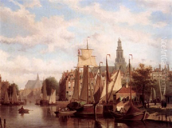 Boats Moored On A Dutch Canal Oil Painting by Johannes Frederik Hulk, Snr.