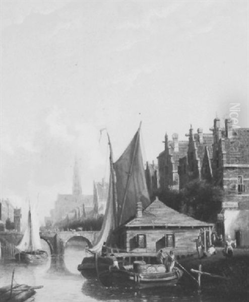 Stadsgezicht Met Bedrijvigheid In De Grachten Oil Painting by Johannes Frederik Hulk, Snr.