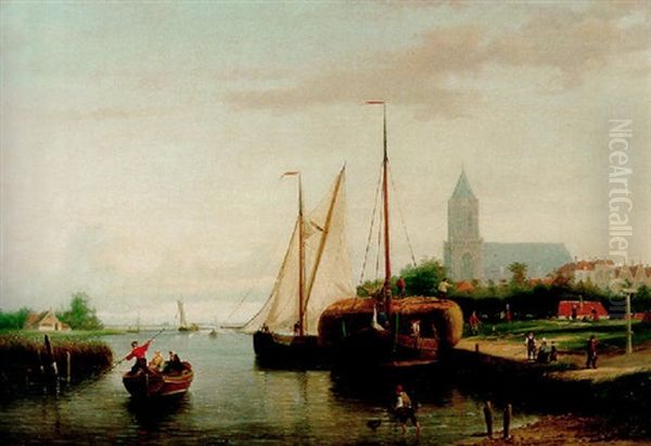 A Moored Haybarge And Other Shipping By A Bleach-field, In The Harbour (of Monninckendam?) Oil Painting by Johannes Frederik Hulk, Snr.