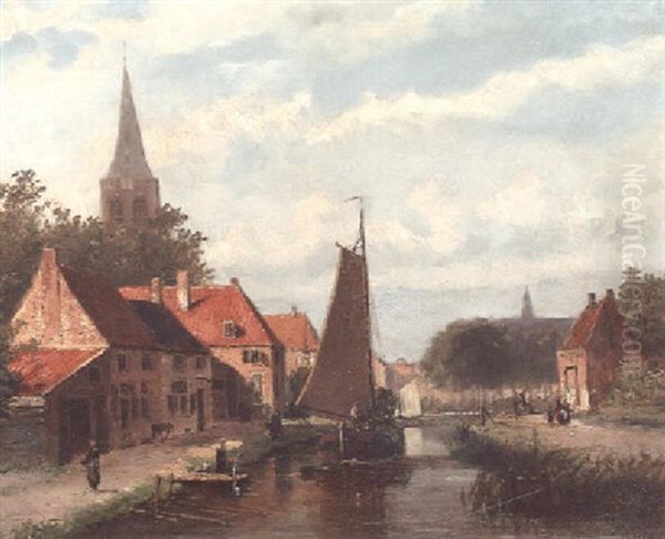 Figures On A Canal Oil Painting by Johannes Frederik Hulk, Snr.
