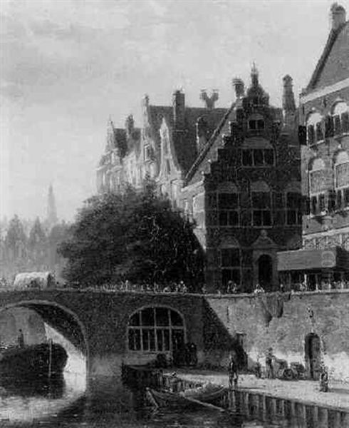 A Capriccio View Of The Oude Gracht, Utrecht, With Numerous Townsfolk Oil Painting by Johannes Frederik Hulk, Snr.