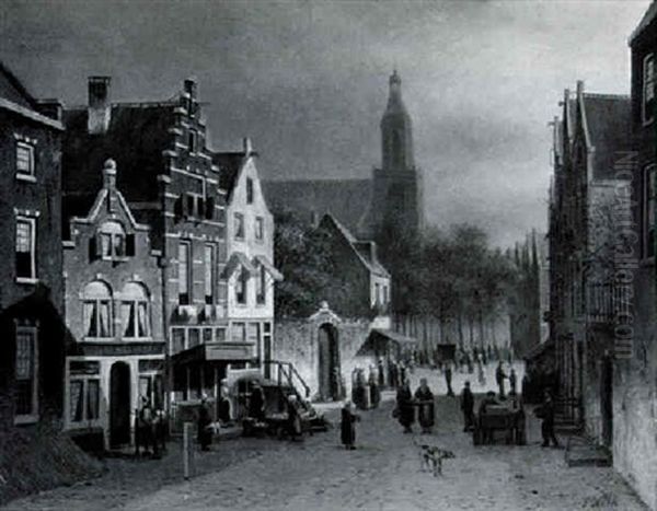 A View In Amsterdam Oil Painting by Johannes Frederik Hulk, Snr.