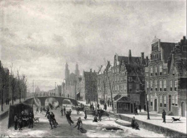 Winter: A Capriccio View Of The Spaarne, Haarlem Oil Painting by Johannes Frederik Hulk, Snr.