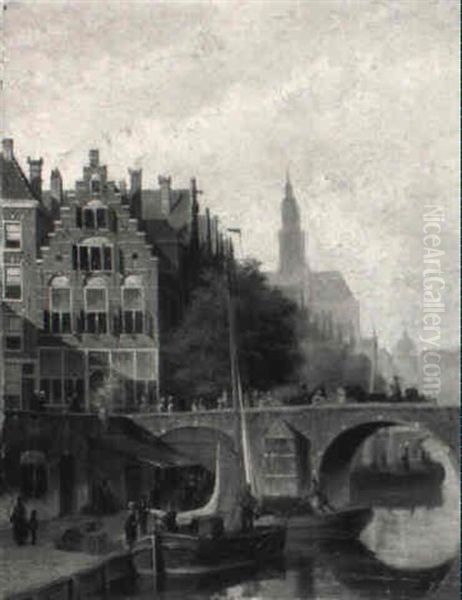 A View In A Town With Numerous Villagers On A Bridge And Townsfolk Oil Painting by Johannes Frederik Hulk, Snr.