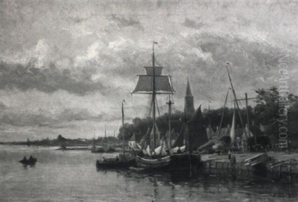 View Of A Town Along A River With A Shipyard And Moored Shipping Oil Painting by Johannes Frederik Hulk, Snr.