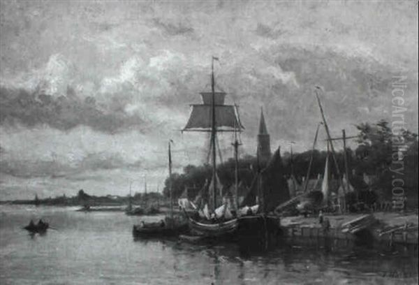 View Of A Town Along A River Oil Painting by Johannes Frederik Hulk, Snr.