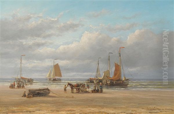 Unloading The Catch, Zaandvoort, Holland Oil Painting by Hendrik Hulk