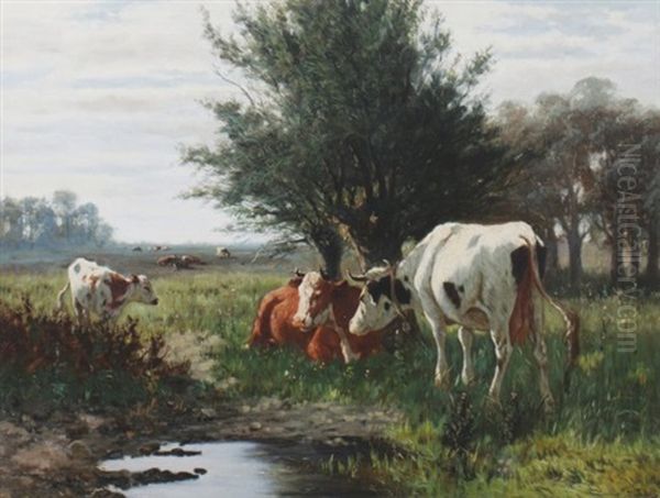 River Landscape With Cattle Oil Painting by William Frederick Hulk