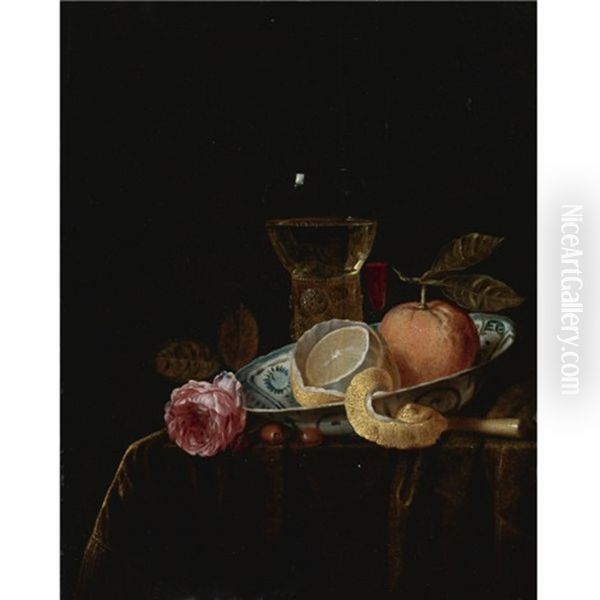 Still Life With A Peeled Lemon And An Orange In A Blue And White Porcelain Bowl, A Roemer, A Tall Wine Glass, A Rose And Other Objects On A Draped Table Oil Painting by Gillis Jacobz van Hulsdonck