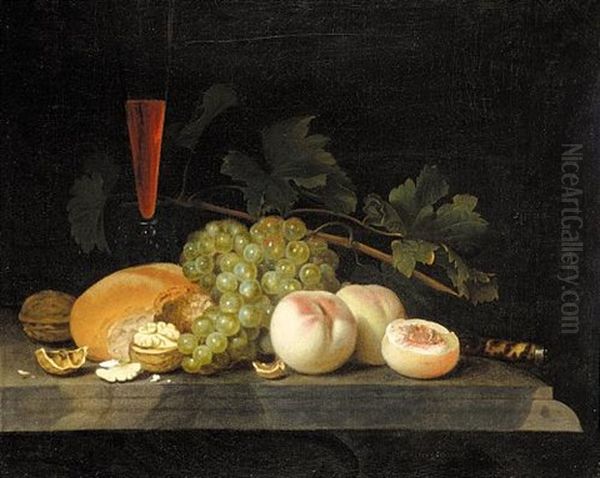 Still Life With Peaches, Grapes, Walnuts, Bread, A Half-filled Flute, Vine Leaves And A Knife Handle On A Stone Ledge Oil Painting by Gillis Jacobz van Hulsdonck