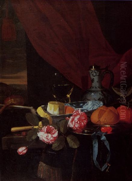 A Still Life Of A Peeled Lemon And An Orange In A Blue And White Bowl, Pink Roses, Cherries, A Bread Roll And A Blue Ribbon With A Key On A Silver Plate Oil Painting by Gillis Jacobz van Hulsdonck