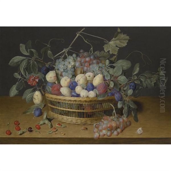 Still Life With Plums, Grapes And Peaches In A Wicker Basket, With Cherries, Hazelnuts, A Beetle And A Butterfly On The Wooden Tabletop Beneath Oil Painting by Jacob van Hulsdonck