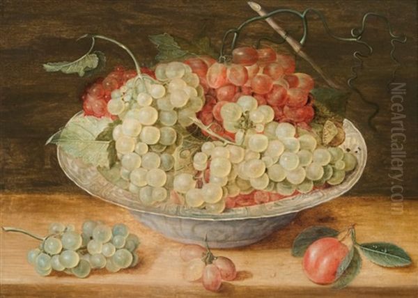 Coupe En Porcelaine De Type Wanli Avec Grappes De Raisins Et Fruits Disposes Sur Un Entablement Oil Painting by Jacob van Hulsdonck