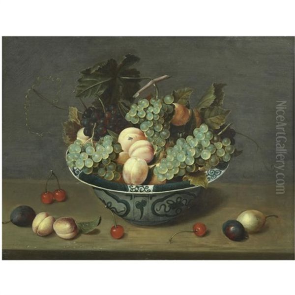 Still Life With Peaches And White And Red Grapes In A Chinese Wan-li Porcelain Bowl On A Ledge With Plums, Cherries And Apricots Oil Painting by Jacob van Hulsdonck