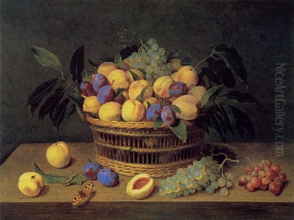 A Still Life Of Plums, Peaches And Grapes In A Basket On A Table, With A Tortoiseshell Butterfly Oil Painting by Jacob van Hulsdonck