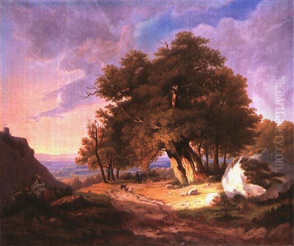 Romantische Mittelgebirgslandschaft Mit Grosser Eichengruppe Bei Sonnenuntergang Oil Painting by Joseph Huelser