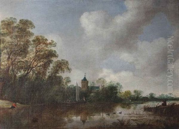 A River Landscape With Various Vessels, A Church Beyond Oil Painting by Frans de Hulst