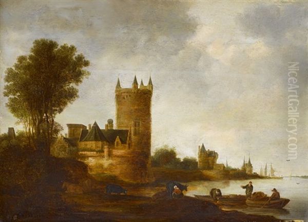 Flusslandschaft Vor Einer Kleinen Stadt Mit Fischern Oil Painting by Frans de Hulst