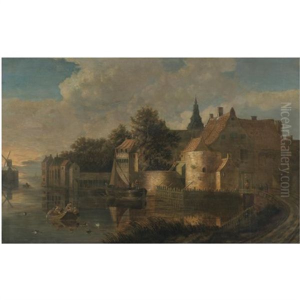 A River Landcape With Figures In Boats Before A Fortified Town Oil Painting by Frans de Hulst