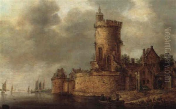 Befestigte Stadt An Einem Flus Hinter Einer Rundbastion Oil Painting by Frans de Hulst
