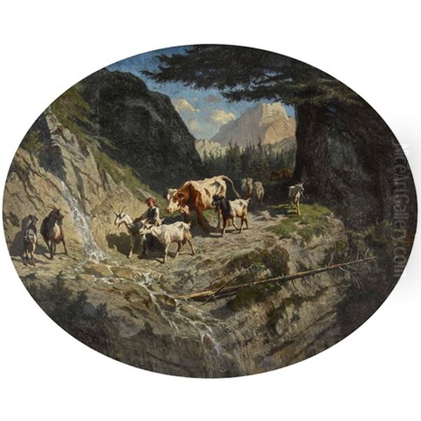 Viehherde Auf Steilem Bergpfad Oil Painting by Charles (Jean-Ch. Ferdinand) Humbert
