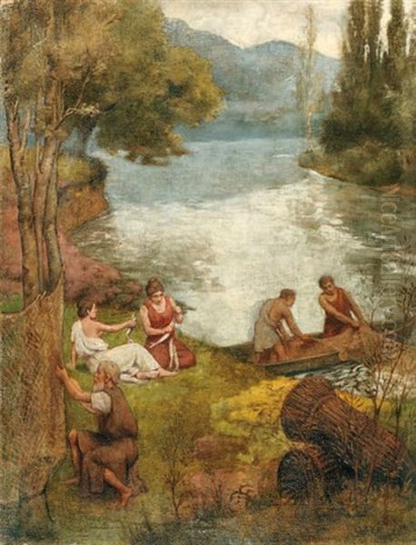 Pecheurs Et Jeunes Femmes Oil Painting by Ferdinand Humbert