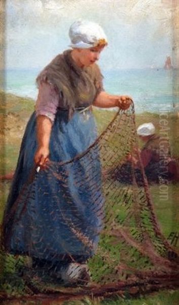 Fishergirl With Nets Oil Painting by Edith Hume